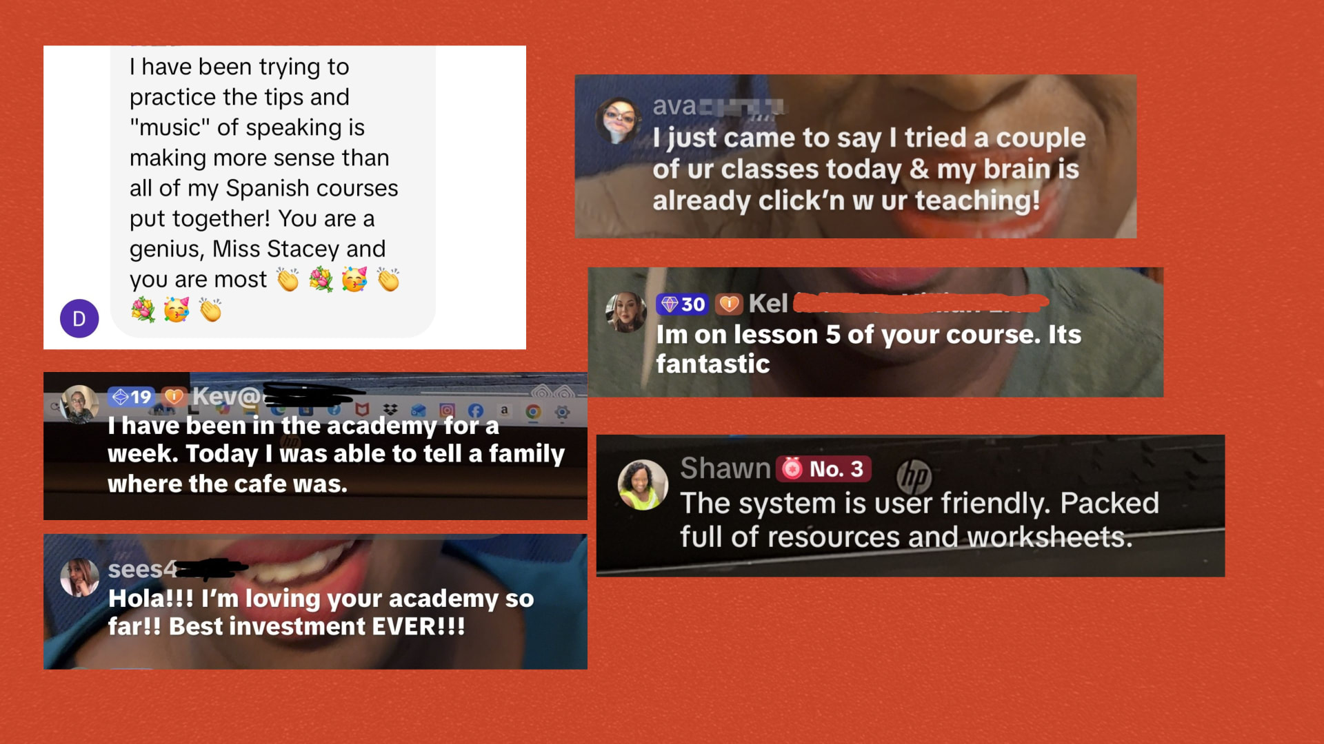 A collage of student messages saying Stacey's academy makes Spanish click