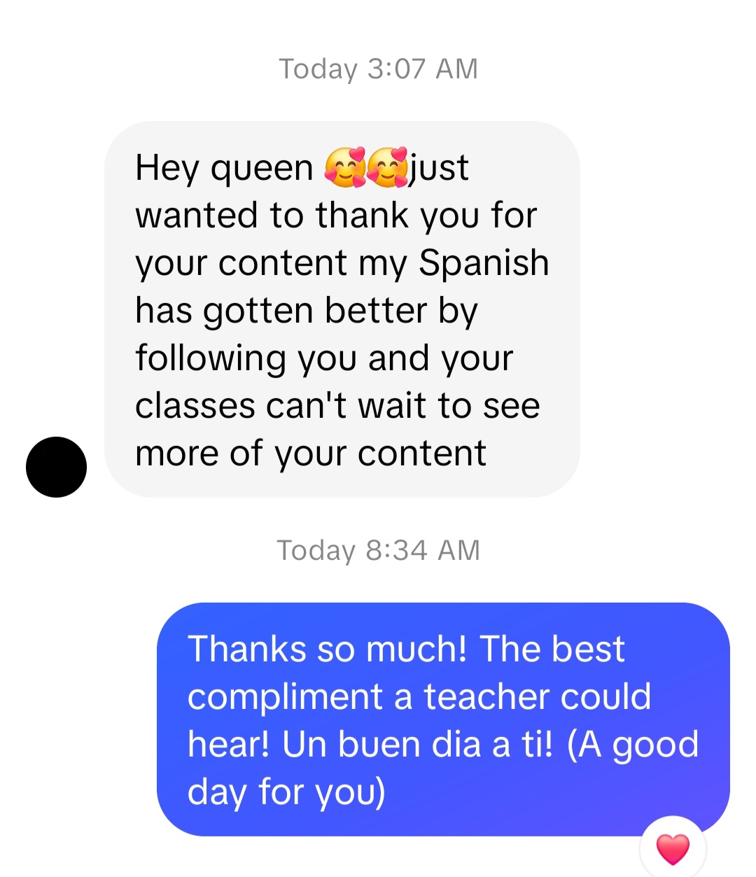 Student message thanking Stacey for her Spanish content and classes