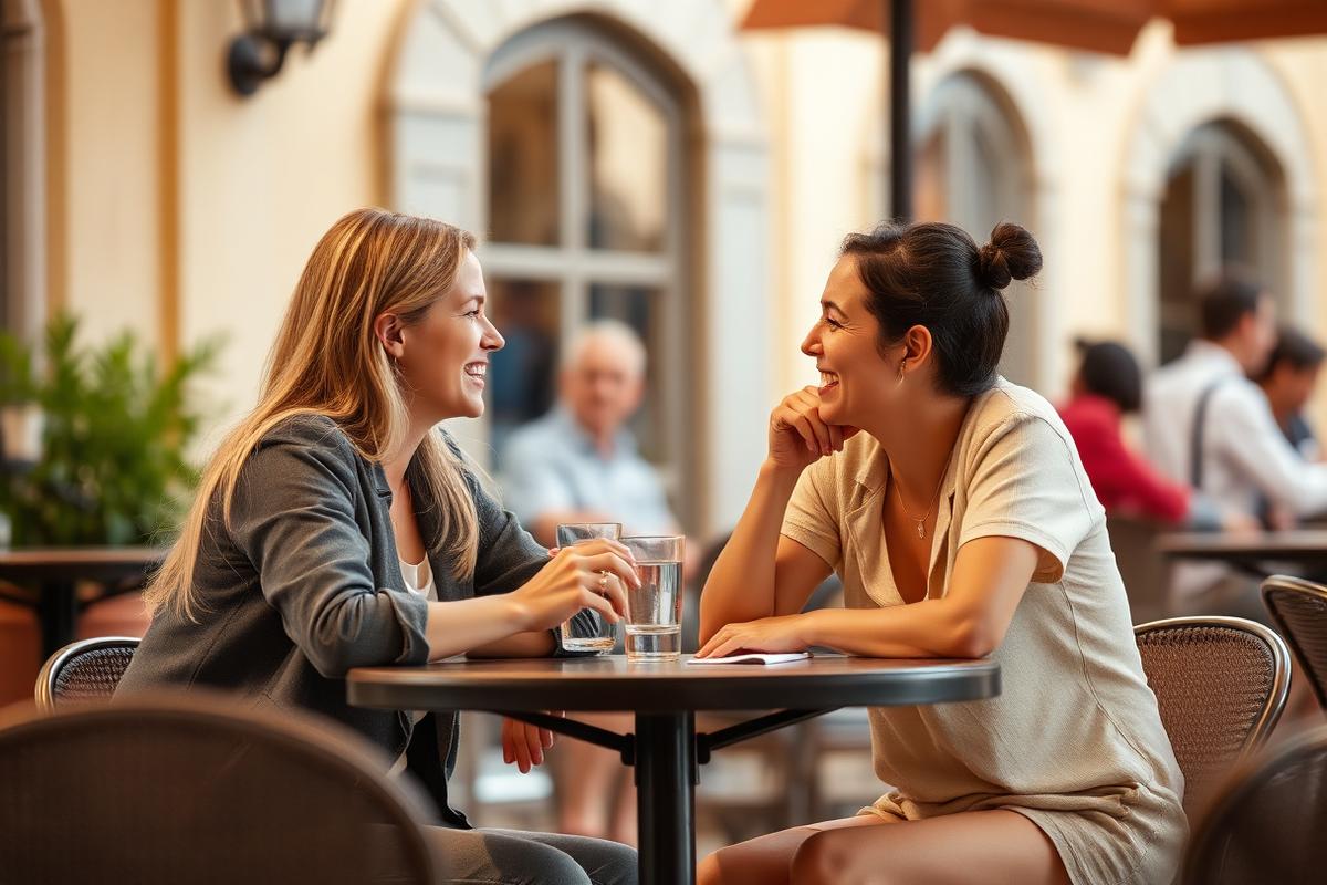 Two friends laughing together during a relaxed conversation at an outdoor cafe