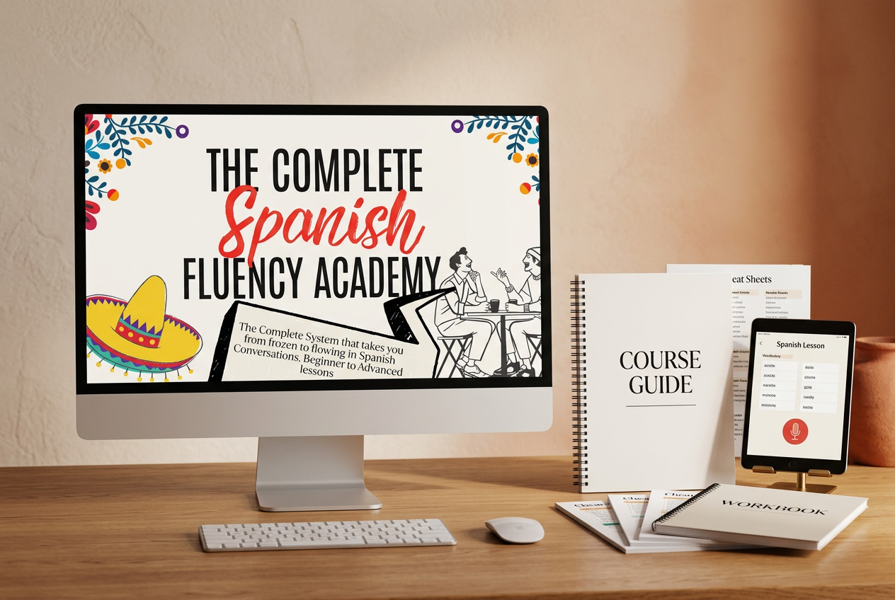 The Complete Spanish Fluency Academy course mockup showing the Confident Spanish Course, workbook and practice guide