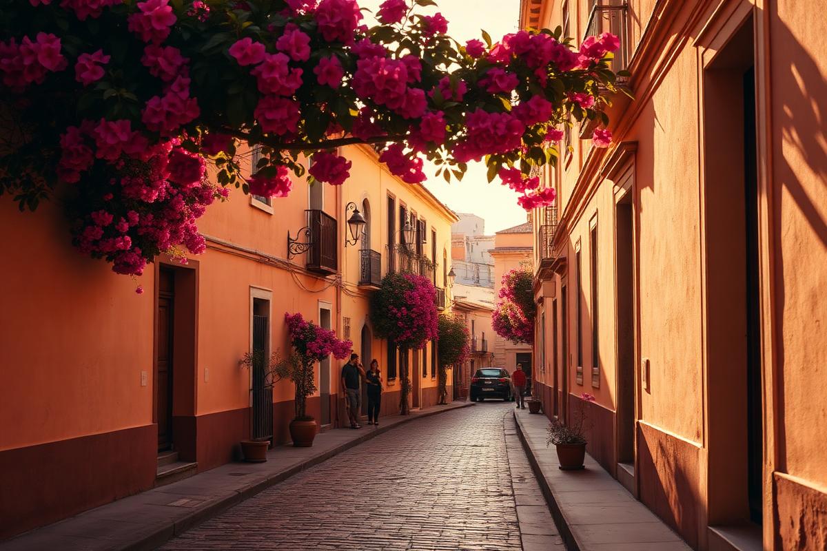 Sunlit cobblestone street in Latin America lined with warm pastel buildings and bougainvillea