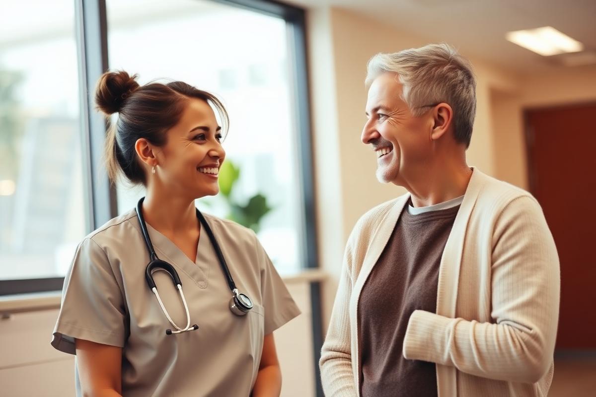 A healthcare worker smiling while speaking with a patient in a bright clinic